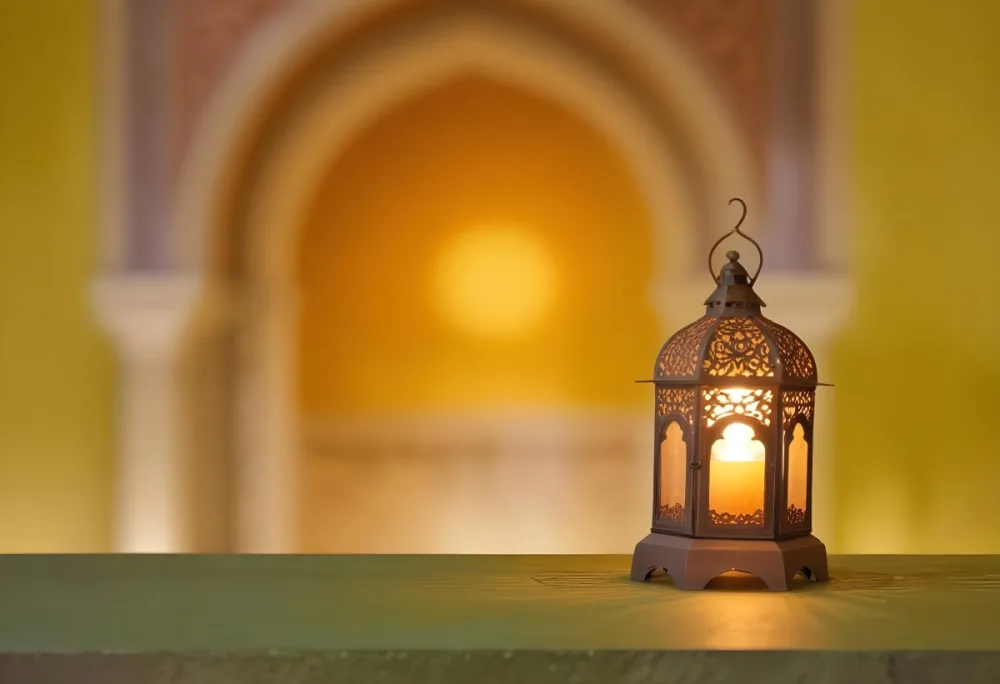 An Ornate Metal Lantern With Intricate Cutouts Casting A Warm Glow Placed On A Metal Surface With A Blurred Background Featuring An Arched Doorway 8 F64f