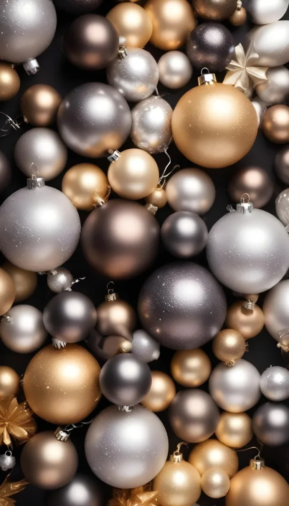 Assorted Metallic And Glittery Christmas Ornaments Or Baubles In Shades Of Gold Silver And Bronze Against A Dark Background 15 1977