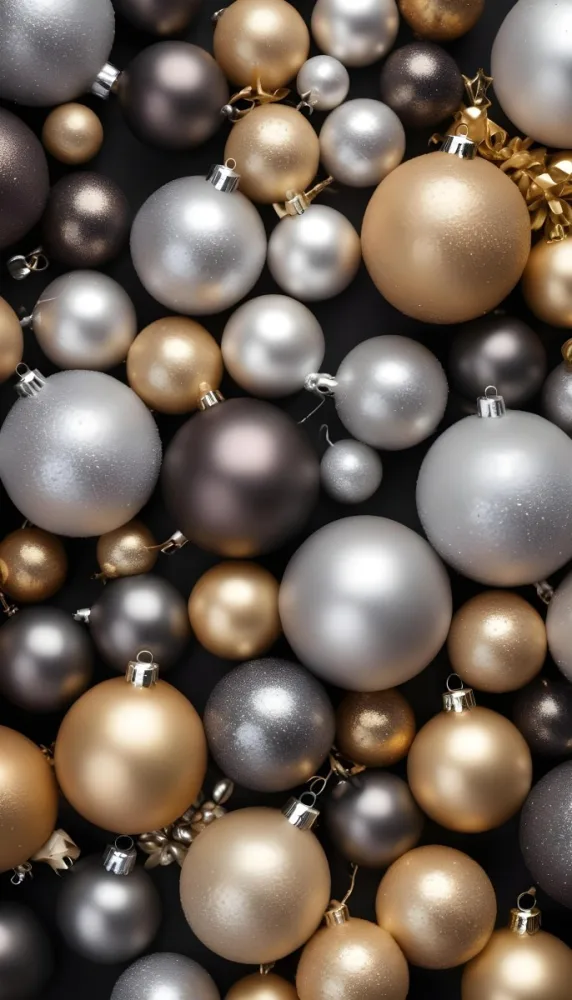 Assorted Metallic And Glittery Christmas Ornaments Or Baubles In Shades Of Gold Silver And Bronze Against A Dark Background 19 8628