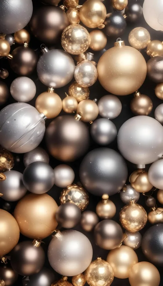 Assorted Metallic And Glittery Christmas Ornaments Or Baubles In Shades Of Gold Silver And Bronze Against A Dark Background 2 Cae2
