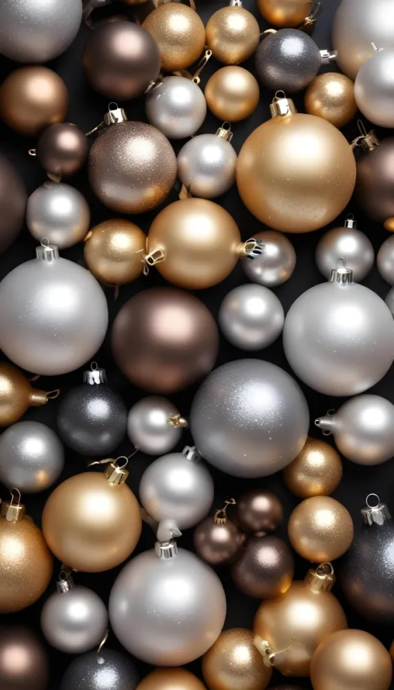Assorted Metallic And Glittery Christmas Ornaments Or Baubles In Shades Of Gold Silver And Bronze Against A Dark Background 20 Cff4