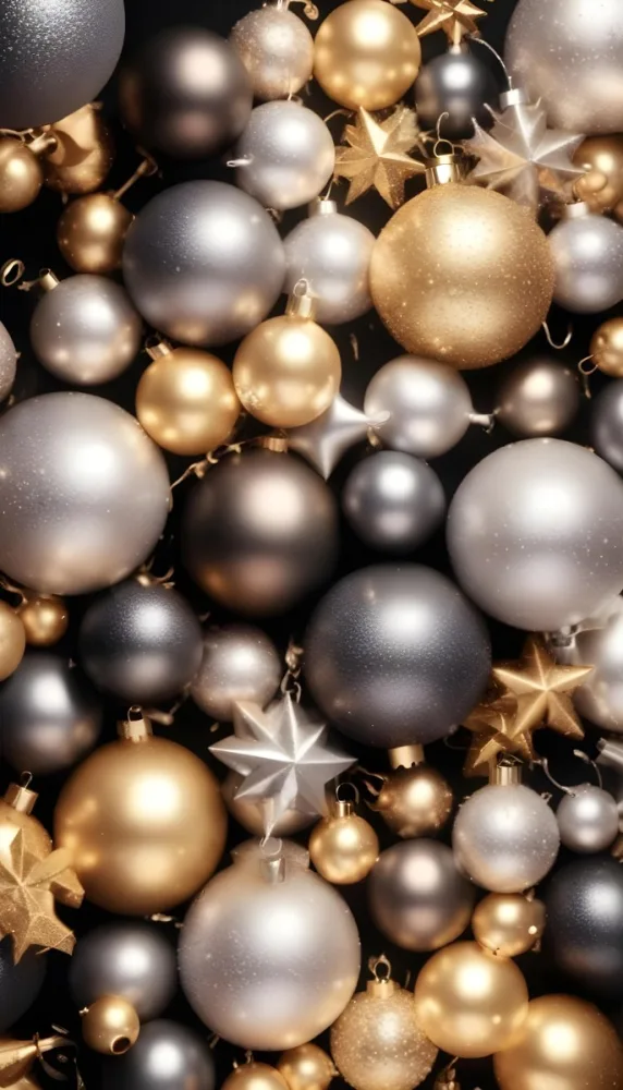 Assorted Metallic And Glittery Christmas Ornaments Or Baubles In Shades Of Gold Silver And Bronze Against A Dark Background 23 829a