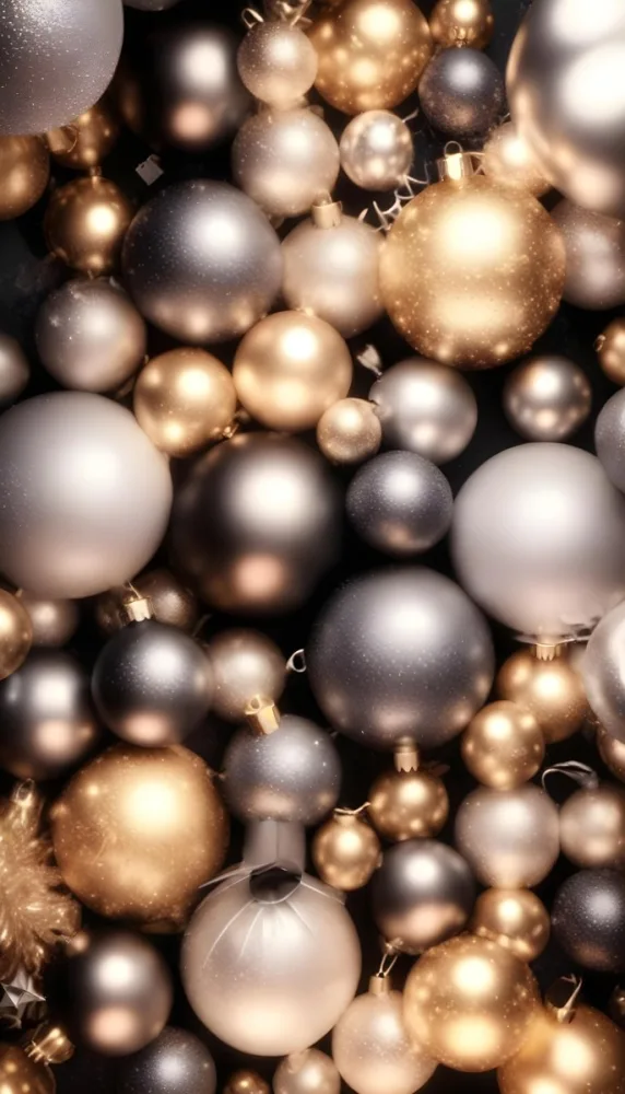 Assorted Metallic And Glittery Christmas Ornaments Or Baubles In Shades Of Gold Silver And Bronze Against A Dark Background 24 19df