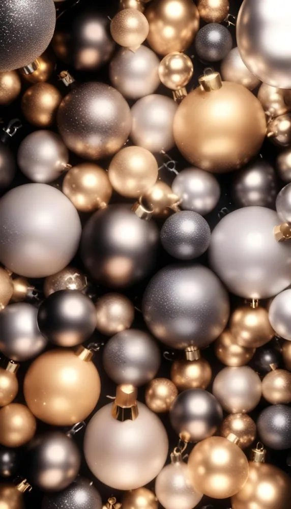 Assorted Metallic And Glittery Christmas Ornaments Or Baubles In Shades Of Gold Silver And Bronze Against A Dark Background 4 D211