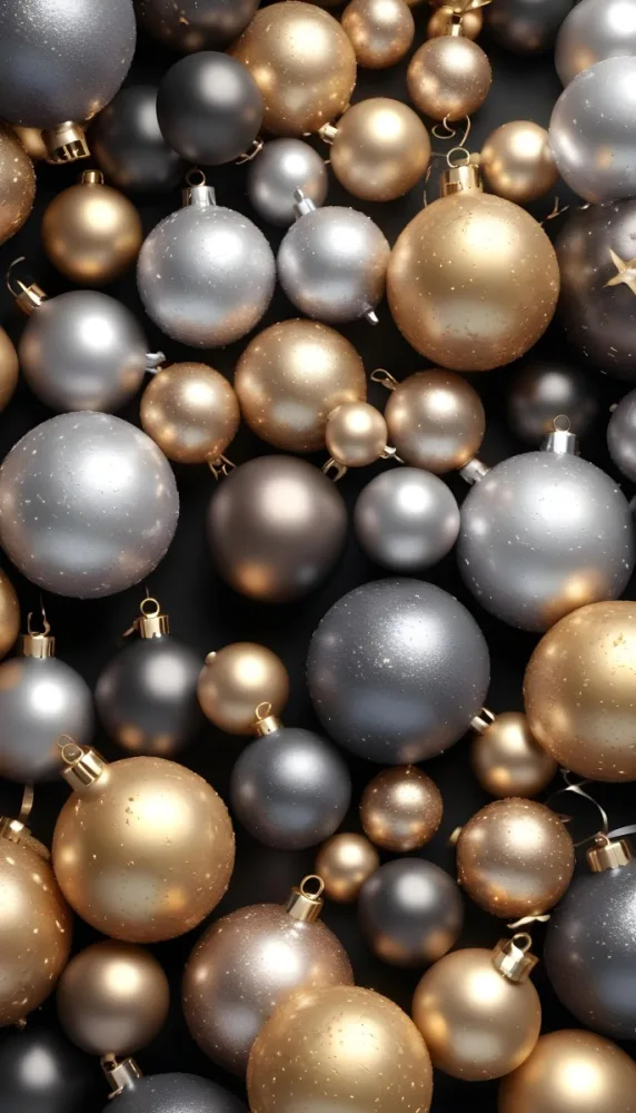 Assorted Metallic And Glittery Christmas Ornaments Or Baubles In Shades Of Gold Silver And Bronze Against A Dark Background 7 Ab51