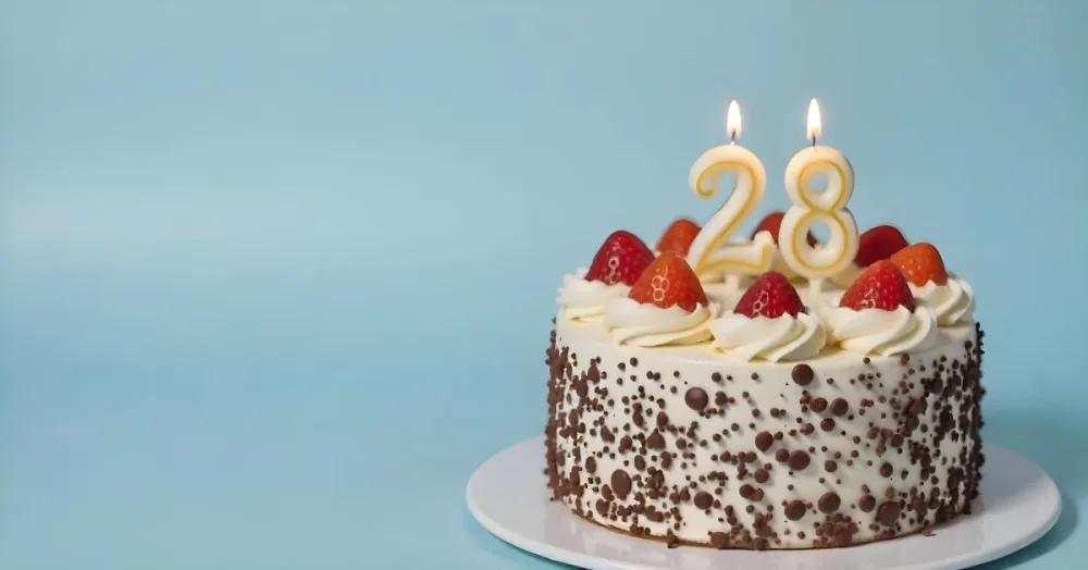 Chocolate Cake With Strawberries And Cream Two Candles With The Number 28 On Top Of A White Plate In A White Background 5 E564