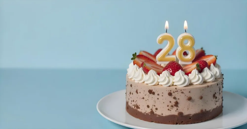 Chocolate Cake With Strawberries And Cream Two Candles With The Number 28 On Top Of A White Plate In A White Background 6 D57f