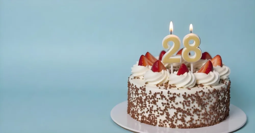 Chocolate Cake With Strawberries And Cream Two Candles With The Number 28 On Top Of A White Plate In A White Background 7 Cc30