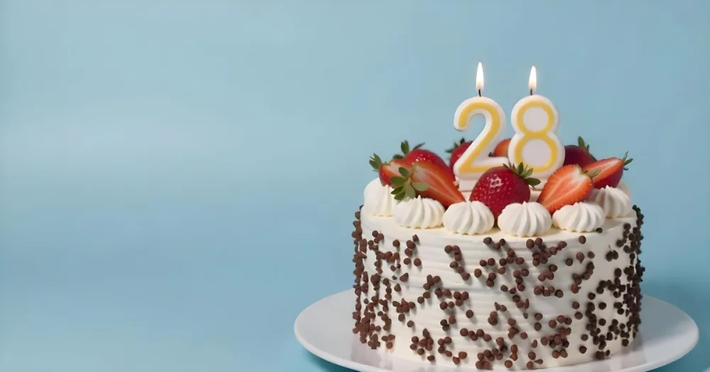 Chocolate Cake With Strawberries And Cream Two Candles With The Number 28 On Top Of A White Plate In A White Background 8 977a
