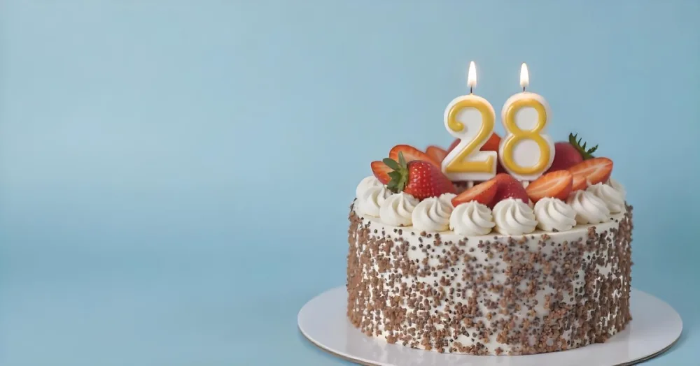 Chocolate Cake With Strawberries And Cream Two Candles With The Number 28 On Top Of A White Plate In A White Background 9 Ce7e