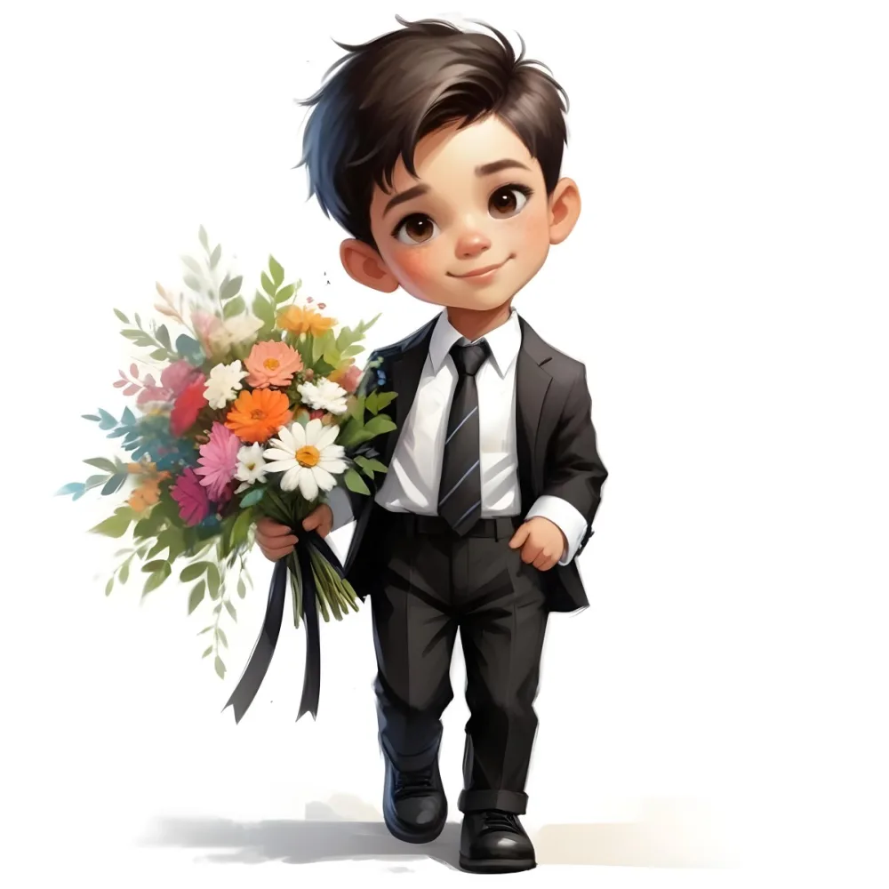 Colorful Flat Illustration Classical Animes Young Boy With Light Skin And Short Black Hair Wearing A Black Suit And Tie Holding A Bouquet Of Colorful Flowers The Background Is Plain White Draw Art Style Influenced 13 De19