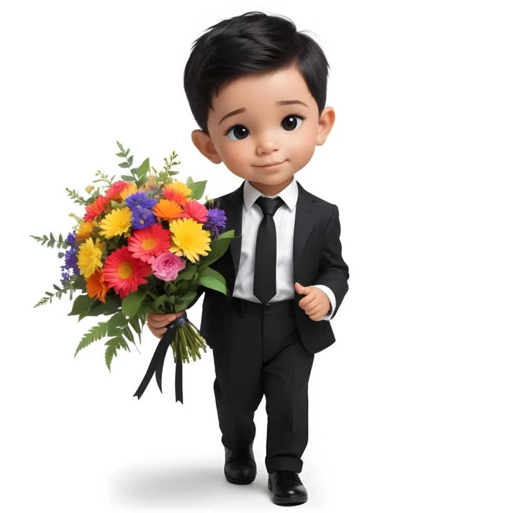 Colorful Flat Illustration Classical Animes Young Boy With Light Skin And Short Black Hair Wearing A Black Suit And Tie Holding A Bouquet Of Colorful Flowers The Background Is Plain White Draw Art Style Influenced 16 64bd