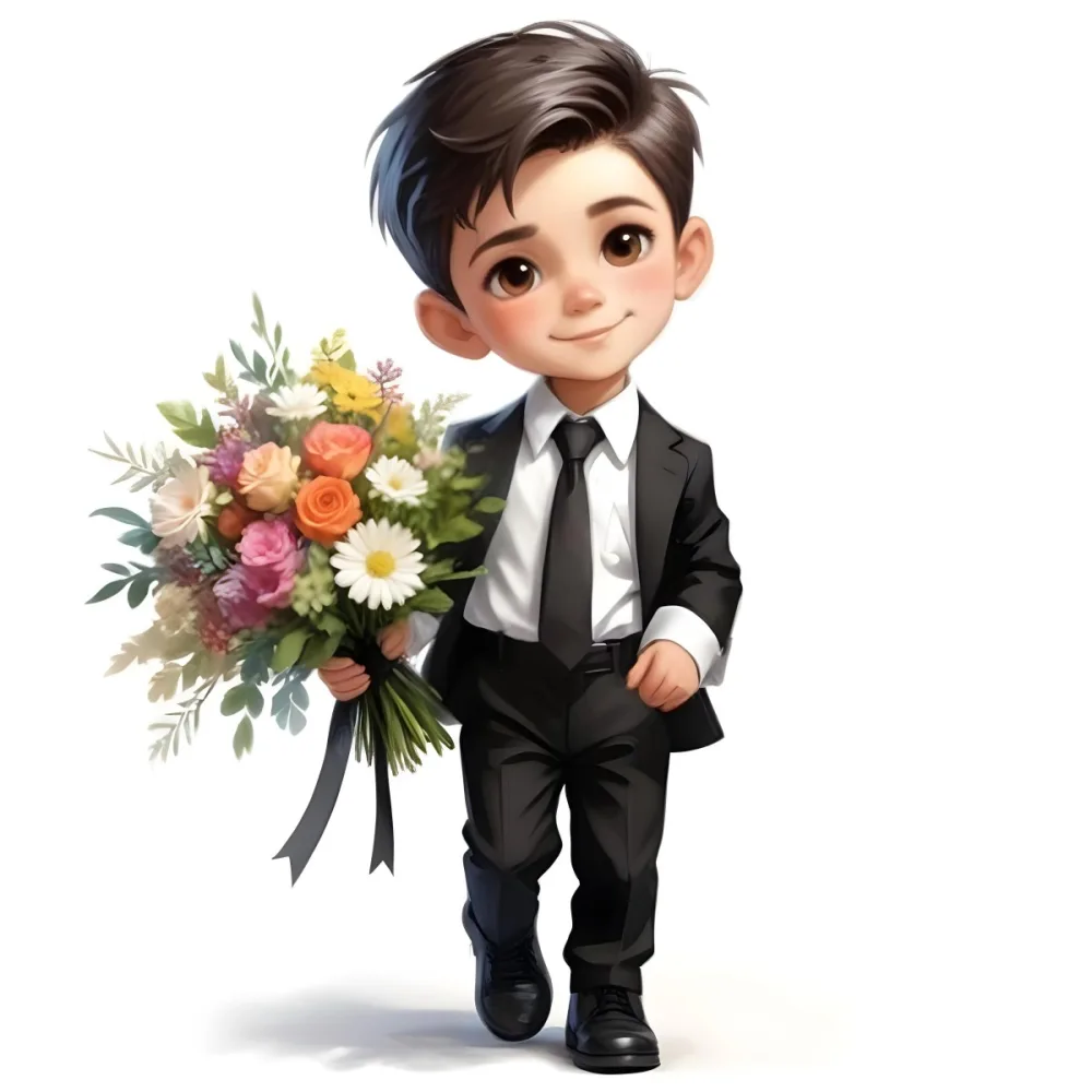 Colorful Flat Illustration Classical Animes Young Boy With Light Skin And Short Black Hair Wearing A Black Suit And Tie Holding A Bouquet Of Colorful Flowers The Background Is Plain White Draw Art Style Influenced 17 0d58