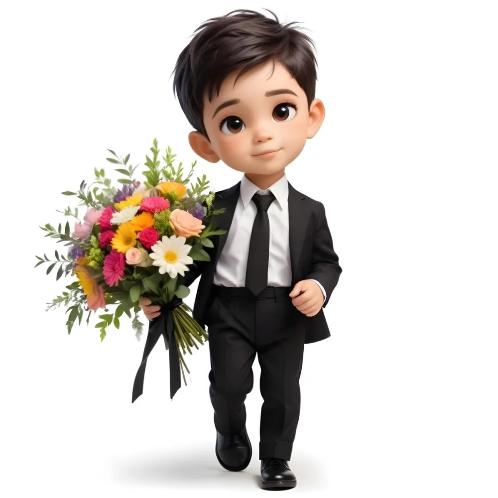 Colorful Flat Illustration Classical Animes Young Boy With Light Skin And Short Black Hair Wearing A Black Suit And Tie Holding A Bouquet Of Colorful Flowers The Background Is Plain White Draw Art Style Influenced 21 35fd