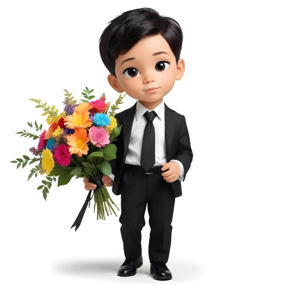 Colorful Flat Illustration Classical Animes Young Boy With Light Skin And Short Black Hair Wearing A Black Suit And Tie Holding A Bouquet Of Colorful Flowers The Background Is Plain White Draw Art Style Influenced 26 D254