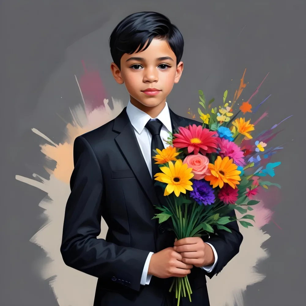 Colorful Flat Illustration Classical Animes Young Boy With Light Skin And Short Black Hair Wearing A Black Suit And Tie Holding A Bouquet Of Colorful Flowers The Background Is Plain White Draw Art Style Influenced 3 55ac