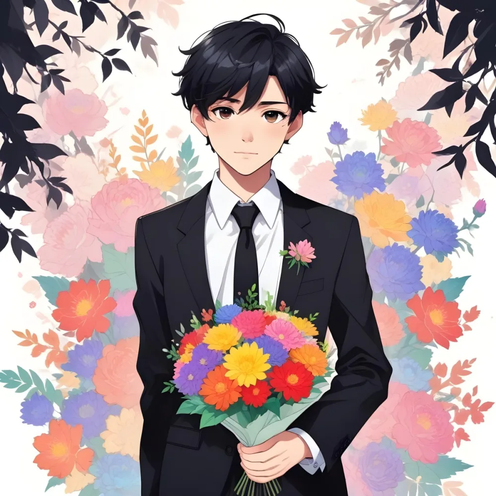 Colorful Flat Illustration Classical Animes Young Boy With Light Skin And Short Black Hair Wearing A Black Suit And Tie Holding A Bouquet Of Colorful Flowers The Background Is Plain White Draw Art Style Influenced 33 0a86