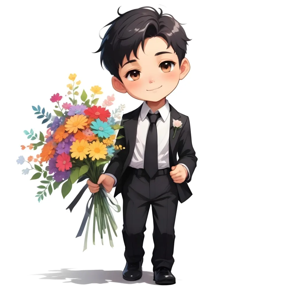 Colorful Flat Illustration Classical Animes Young Boy With Light Skin And Short Black Hair Wearing A Black Suit And Tie Holding A Bouquet Of Colorful Flowers The Background Is Plain White Draw Art Style Influenced 37 1448