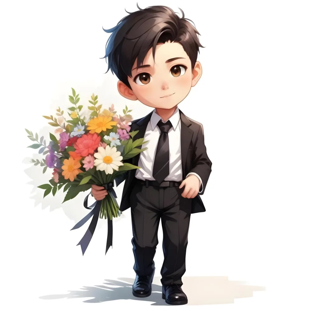 Colorful Flat Illustration Classical Animes Young Boy With Light Skin And Short Black Hair Wearing A Black Suit And Tie Holding A Bouquet Of Colorful Flowers The Background Is Plain White Draw Art Style Influenced 38 35df