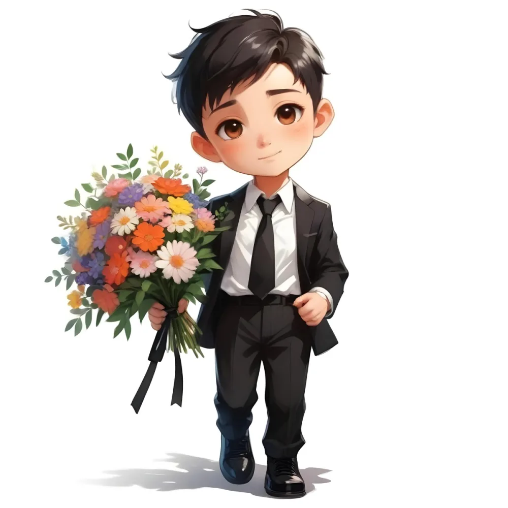 Colorful Flat Illustration Classical Animes Young Boy With Light Skin And Short Black Hair Wearing A Black Suit And Tie Holding A Bouquet Of Colorful Flowers The Background Is Plain White Draw Art Style Influenced 39 6a5a