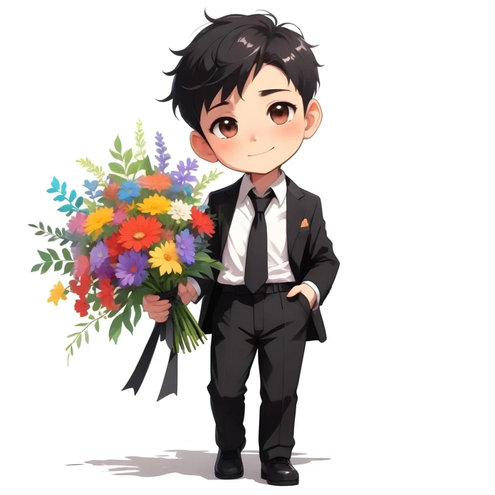 Colorful Flat Illustration Classical Animes Young Boy With Light Skin And Short Black Hair Wearing A Black Suit And Tie Holding A Bouquet Of Colorful Flowers The Background Is Plain White Draw Art Style Influenced 40 Bef4