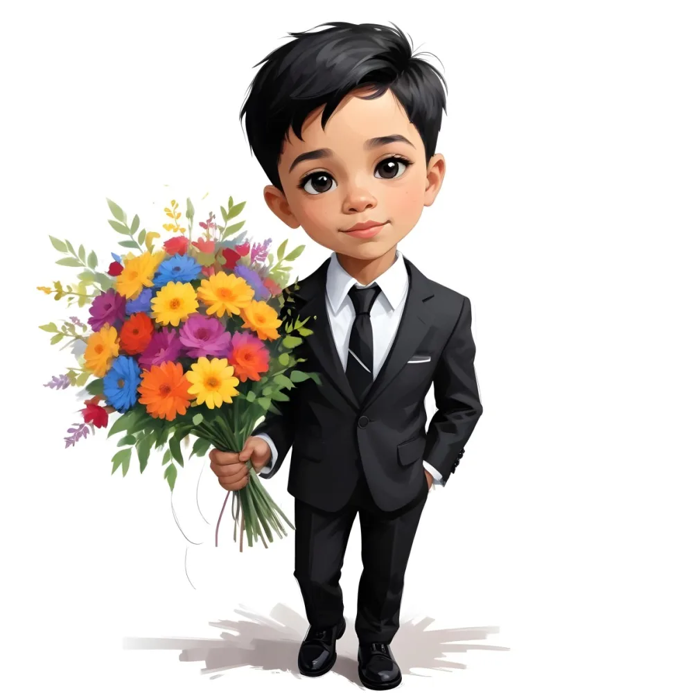 Colorful Flat Illustration Classical Animes Young Boy With Light Skin And Short Black Hair Wearing A Black Suit And Tie Holding A Bouquet Of Colorful Flowers The Background Is Plain White Draw Art Style Influenced 5 93a9