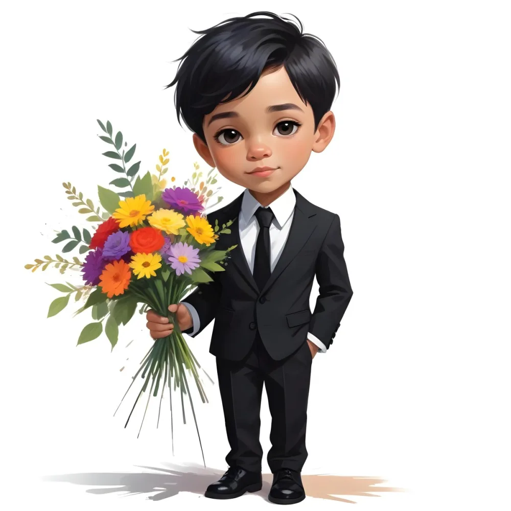Colorful Flat Illustration Classical Animes Young Boy With Light Skin And Short Black Hair Wearing A Black Suit And Tie Holding A Bouquet Of Colorful Flowers The Background Is Plain White Draw Art Style Influenced 6 F153