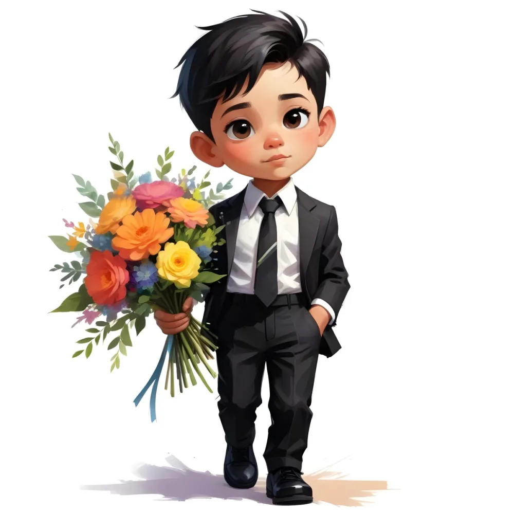 Colorful Flat Illustration Classical Animes Young Boy With Light Skin And Short Black Hair Wearing A Black Suit And Tie Holding A Bouquet Of Colorful Flowers The Background Is Plain White Draw Art Style Influenced 8 1b5a