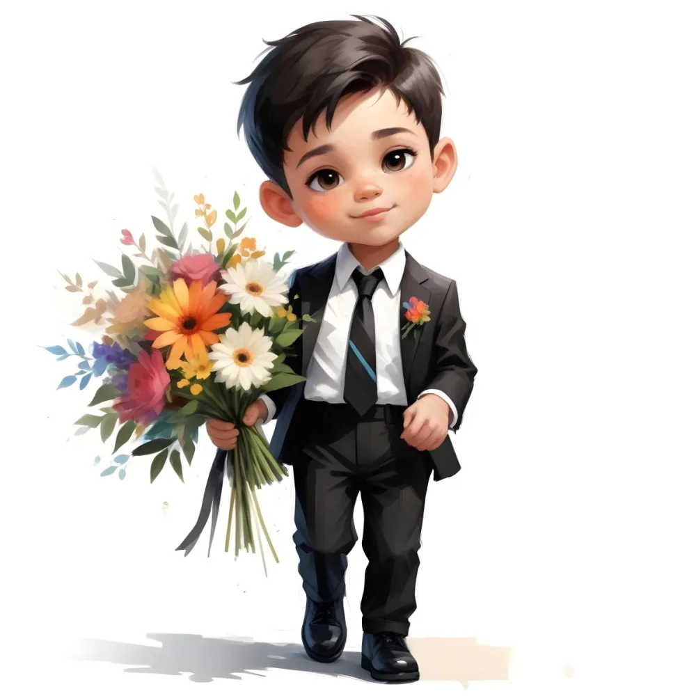 Colorful Flat Illustration Classical Animes Young Boy With Light Skin And Short Black Hair Wearing A Black Suit And Tie Holding A Bouquet Of Colorful Flowers The Background Is Plain White Draw Art Style Influenced 9 6793