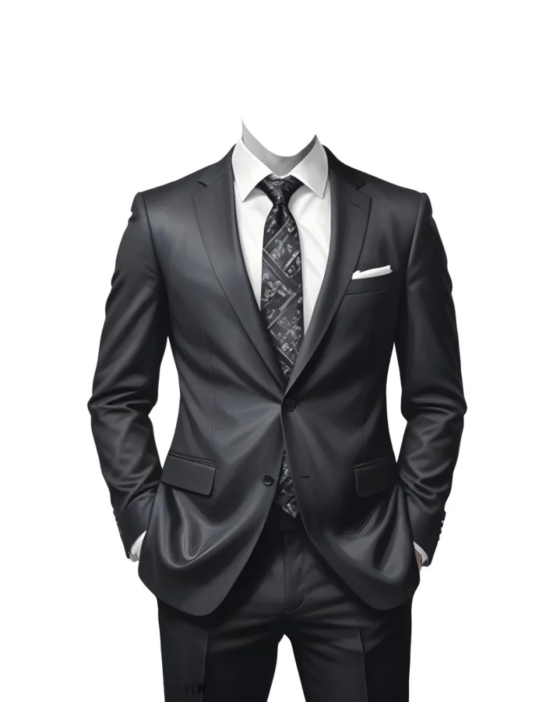 Digital Painting A Black Suit With A White Dress Shirt And A Patterned Tie Hands In Pockets With No Visible Head The Background Is Plain White Bold And Slim Lines Brush Strokes 9 07d5