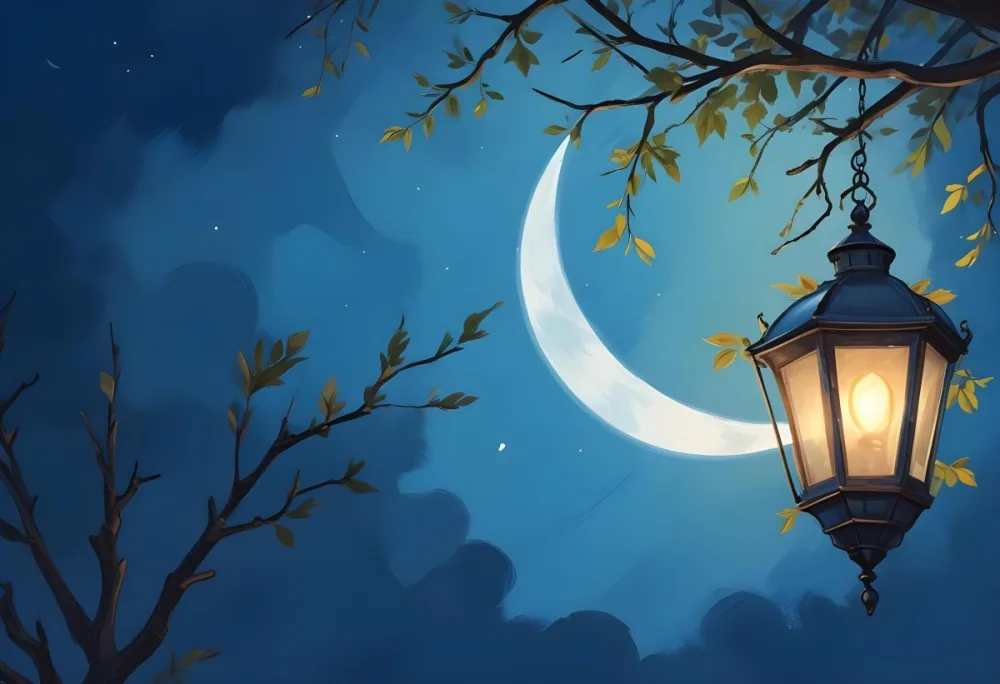 Digital Painting A Crescent Moon In A Blue Sky With Some Branches And Leaves And A Lantern On The Right Side Of The Image Bold And Slim Lines Brush Strokes 5 Fab3