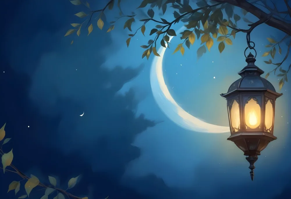 Digital Painting A Crescent Moon In A Blue Sky With Some Branches And Leaves And A Lantern On The Right Side Of The Image Bold And Slim Lines Brush Strokes 7 6400