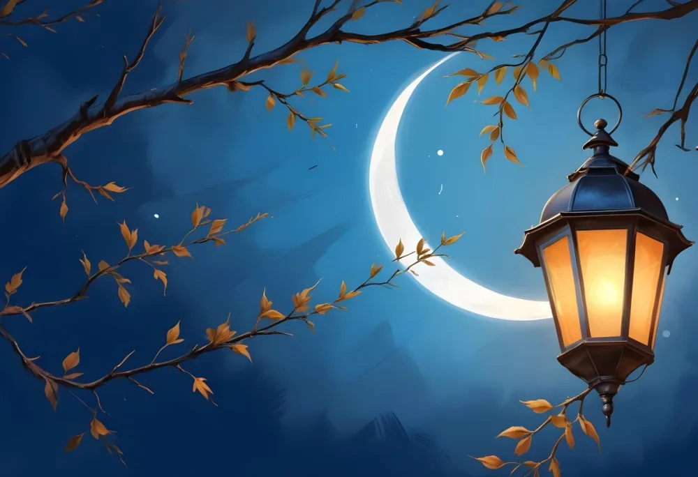 Digital Painting A Crescent Moon In A Blue Sky With Some Branches And Leaves And A Lantern On The Right Side Of The Image Bold And Slim Lines Brush Strokes 8 5ff1