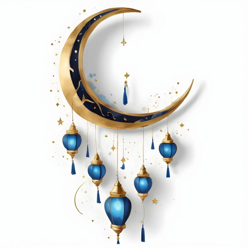 Digital Painting A Crescent Moon Shaped Wall Hanging With Blue And Gold Lanterns Hanging From It Bold And Slim Lines Brush Strokes 10 5976