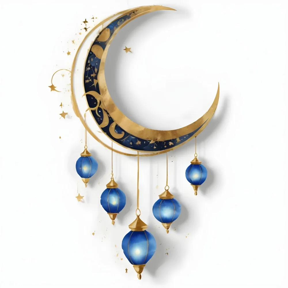 Digital Painting A Crescent Moon Shaped Wall Hanging With Blue And Gold Lanterns Hanging From It Bold And Slim Lines Brush Strokes 11 3579