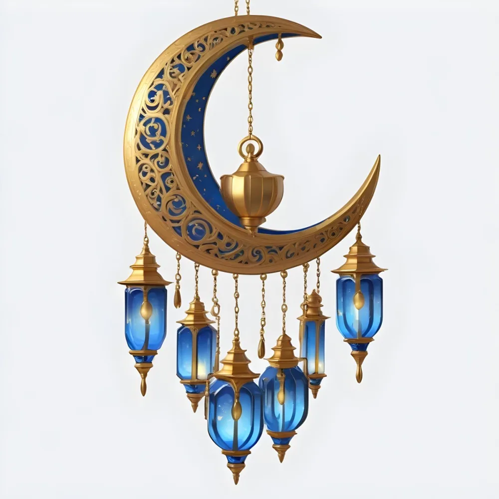 Digital Painting A Crescent Moon Shaped Wall Hanging With Blue And Gold Lanterns Hanging From It Bold And Slim Lines Brush Strokes 3 C5e0