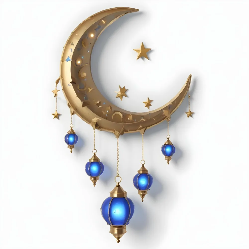 Digital Painting A Crescent Moon Shaped Wall Hanging With Blue And Gold Lanterns Hanging From It Bold And Slim Lines Brush Strokes 6 0c68