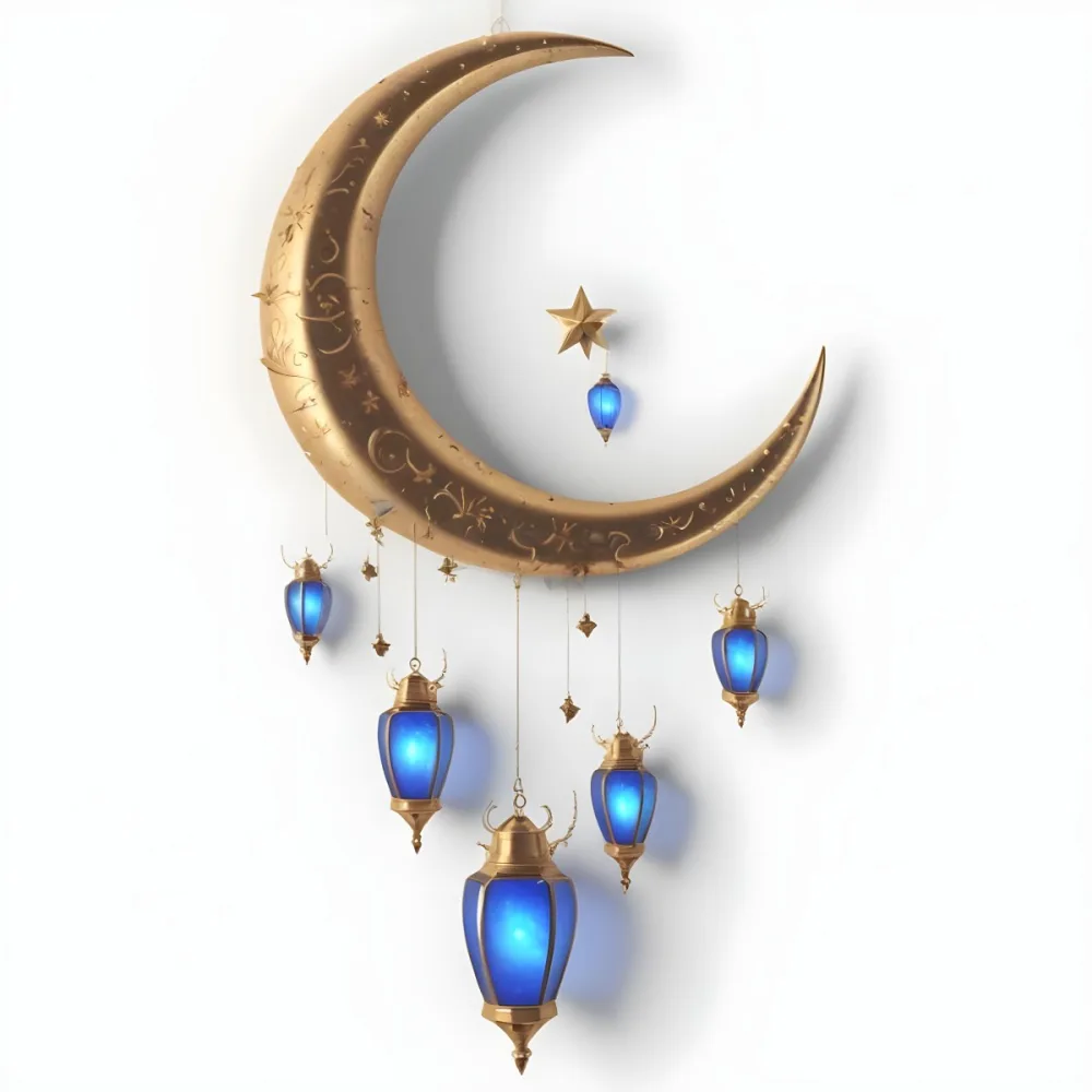 Digital Painting A Crescent Moon Shaped Wall Hanging With Blue And Gold Lanterns Hanging From It Bold And Slim Lines Brush Strokes 7 0211