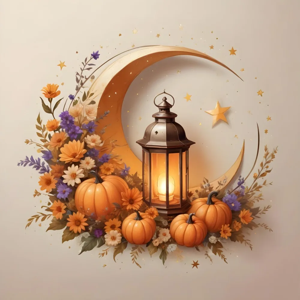 Digital Painting A Crescent Moon With A Lantern Surrounded By Stars Flowers And Pumpkins Against A Warm Glowing Background Bold And Slim Lines Brush Strokes 5 249f