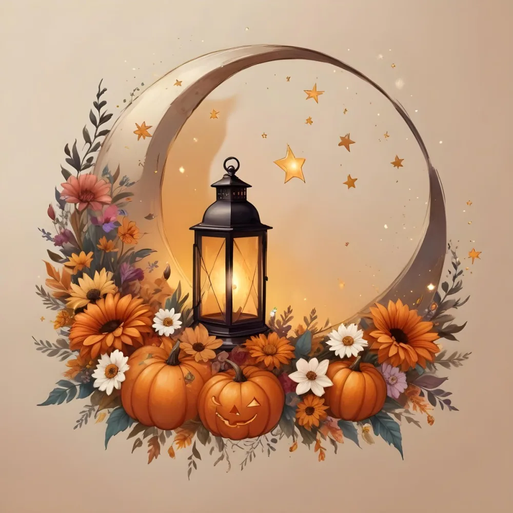 Digital Painting A Crescent Moon With A Lantern Surrounded By Stars Flowers And Pumpkins Against A Warm Glowing Background Bold And Slim Lines Brush Strokes 6 04e8