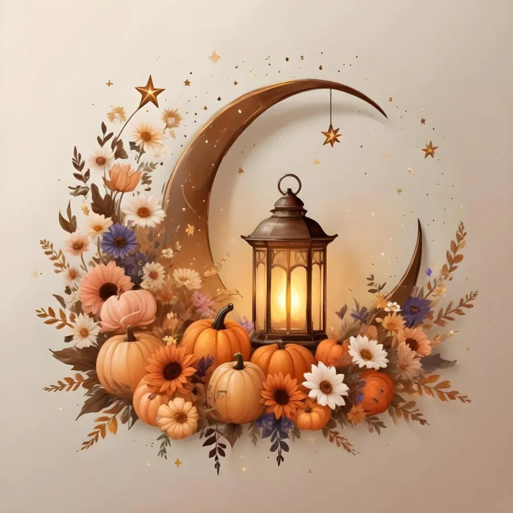 Digital Painting A Crescent Moon With A Lantern Surrounded By Stars Flowers And Pumpkins Against A Warm Glowing Background Bold And Slim Lines Brush Strokes 9 7063