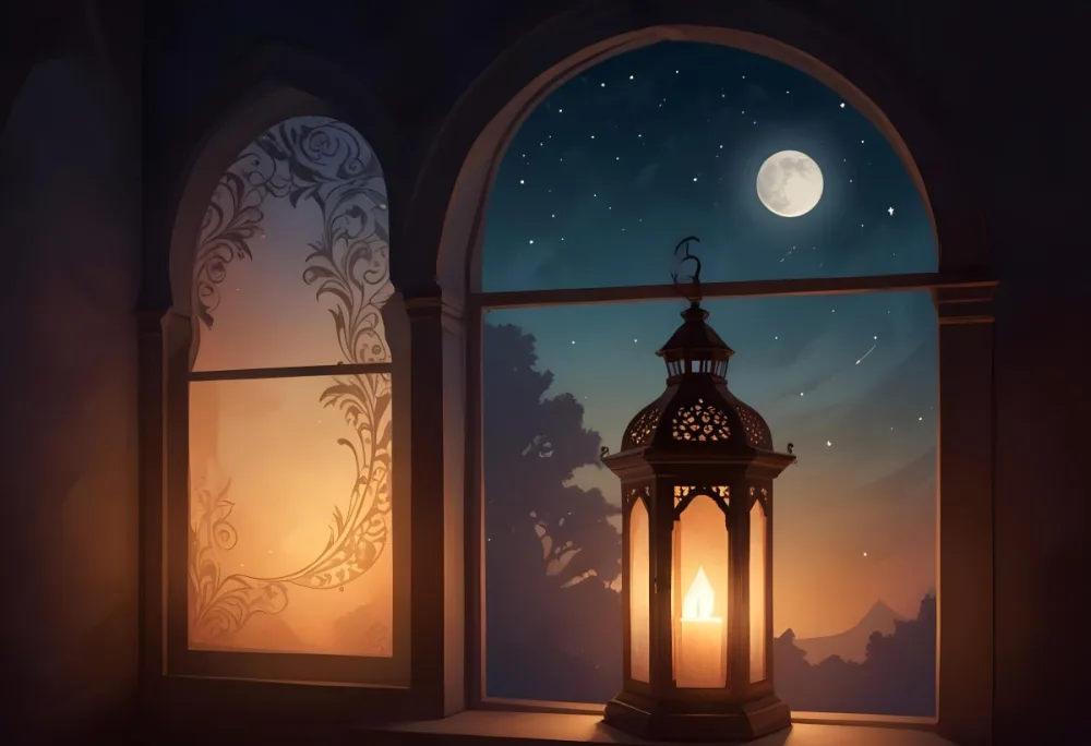 Digital Painting A Decorative Lantern With Intricate Designs Casting A Warm Glow Set Against A Backdrop Of A Crescent Moon In A Dark Sky Seen Through An Arched Window Bold And Slim Lines Brush Strokes 12 Ce24