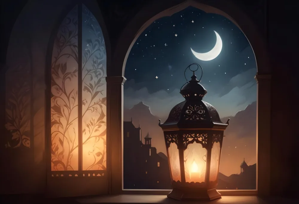 Digital Painting A Decorative Lantern With Intricate Designs Casting A Warm Glow Set Against A Backdrop Of A Crescent Moon In A Dark Sky Seen Through An Arched Window Bold And Slim Lines Brush Strokes 13 Bf7c