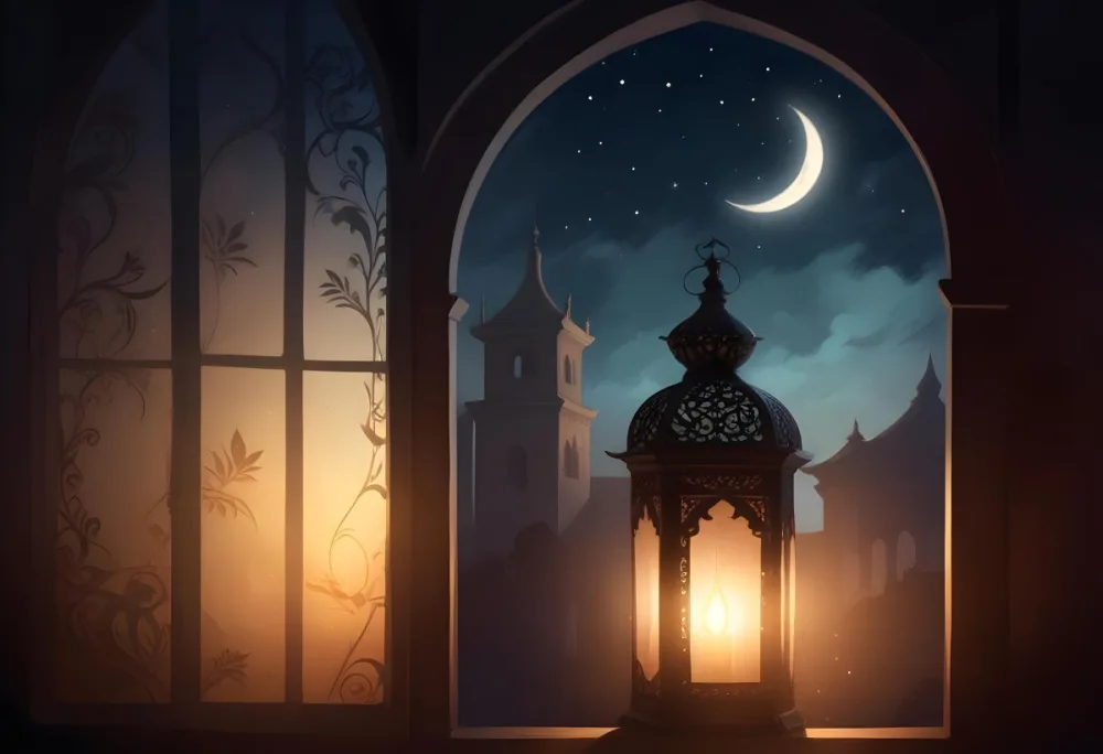 Digital Painting A Decorative Lantern With Intricate Designs Casting A Warm Glow Set Against A Backdrop Of A Crescent Moon In A Dark Sky Seen Through An Arched Window Bold And Slim Lines Brush Strokes 15 8f52