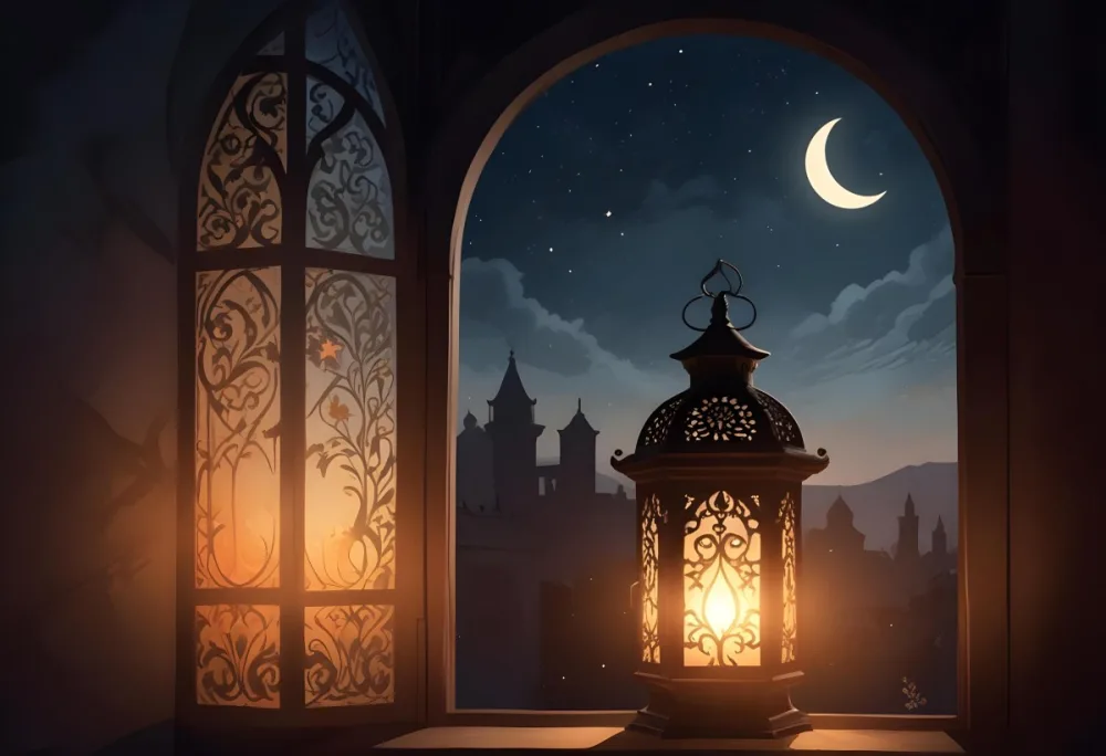 Digital Painting A Decorative Lantern With Intricate Designs Casting A Warm Glow Set Against A Backdrop Of A Crescent Moon In A Dark Sky Seen Through An Arched Window Bold And Slim Lines Brush Strokes 17 828e