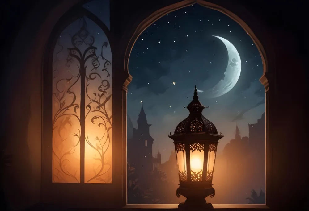 Digital Painting A Decorative Lantern With Intricate Designs Casting A Warm Glow Set Against A Backdrop Of A Crescent Moon In A Dark Sky Seen Through An Arched Window Bold And Slim Lines Brush Strokes 2 B155