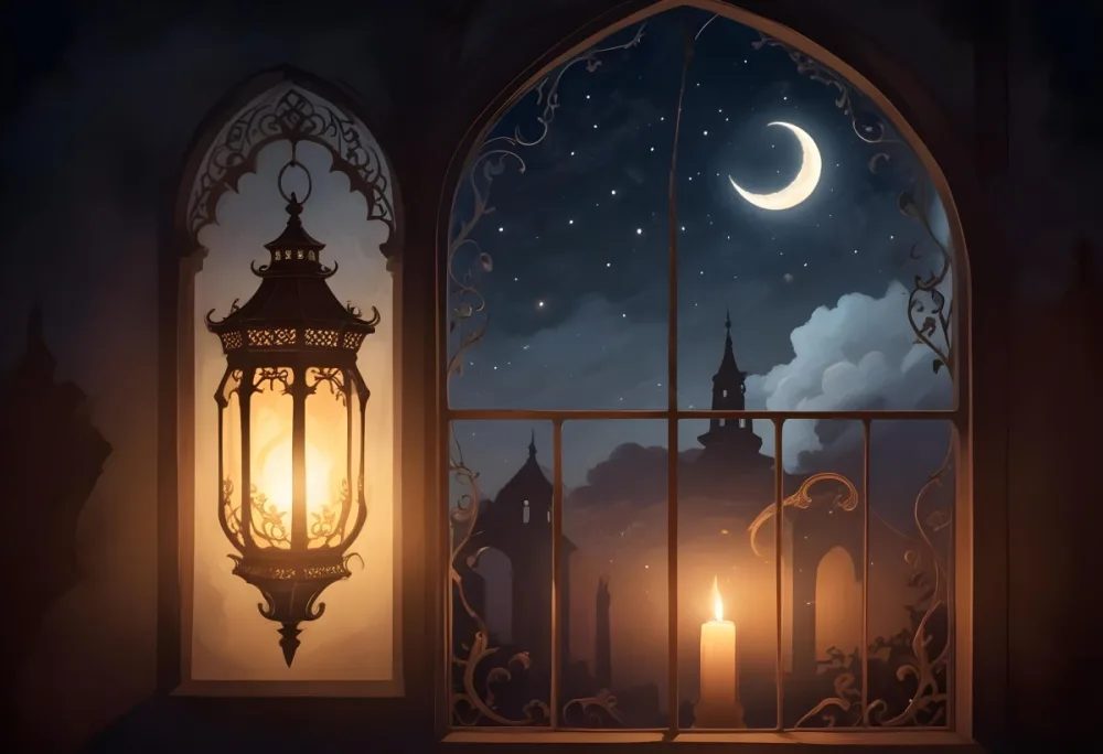Digital Painting A Decorative Lantern With Intricate Designs Casting A Warm Glow Set Against A Backdrop Of A Crescent Moon In A Dark Sky Seen Through An Arched Window Bold And Slim Lines Brush Strokes 21 851f