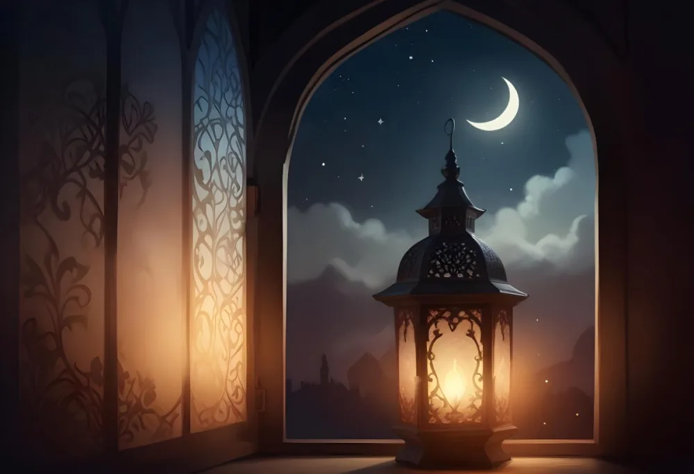 Digital Painting A Decorative Lantern With Intricate Designs Casting A Warm Glow Set Against A Backdrop Of A Crescent Moon In A Dark Sky Seen Through An Arched Window Bold And Slim Lines Brush Strokes 22 8fcf