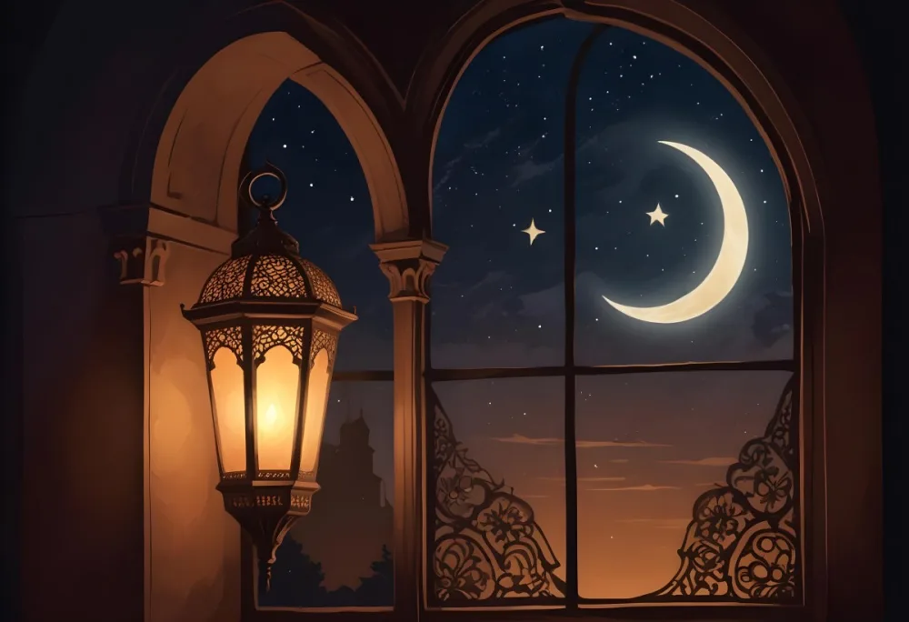 Digital Painting A Decorative Lantern With Intricate Designs Casting A Warm Glow Set Against A Backdrop Of A Crescent Moon In A Dark Sky Seen Through An Arched Window Bold And Slim Lines Brush Strokes 3 94cd