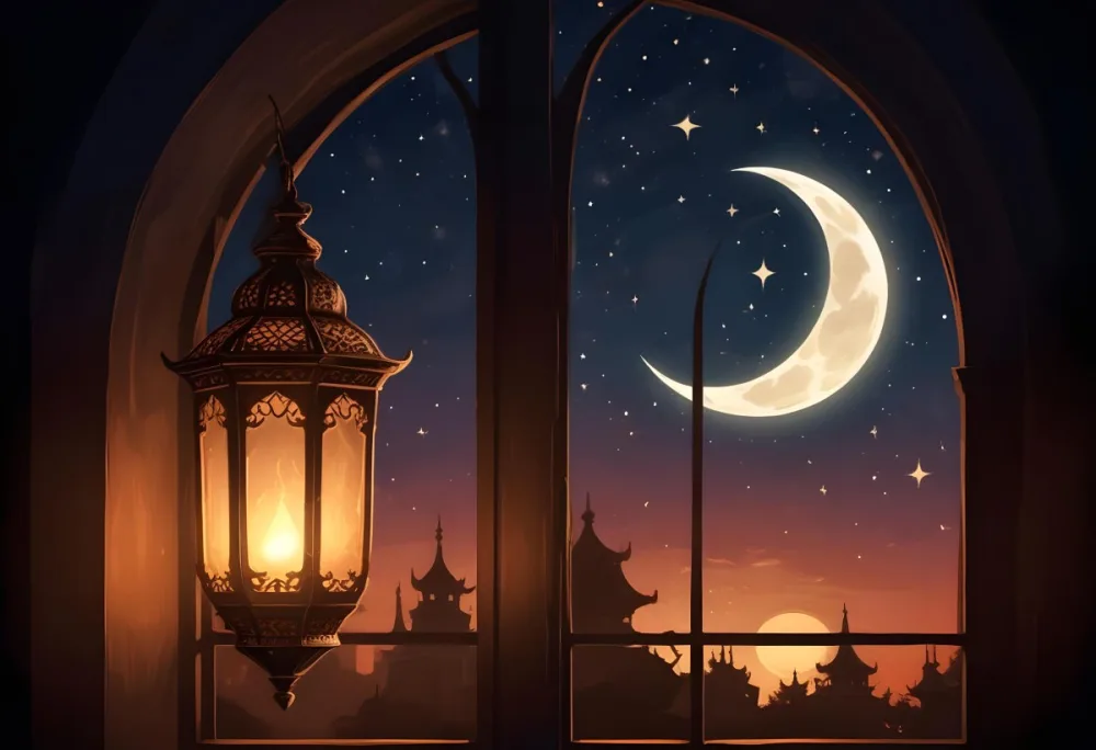 Digital Painting A Decorative Lantern With Intricate Designs Casting A Warm Glow Set Against A Backdrop Of A Crescent Moon In A Dark Sky Seen Through An Arched Window Bold And Slim Lines Brush Strokes 5 Cbb3